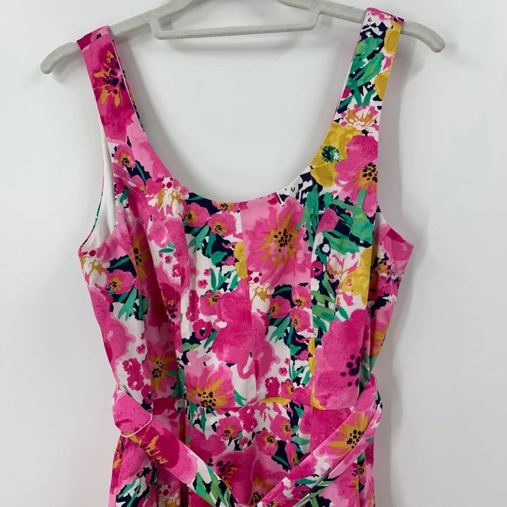 Ann Klein Bright Pink Floral Tie Belt Fit and Flare Dress Retro Style Sz 4